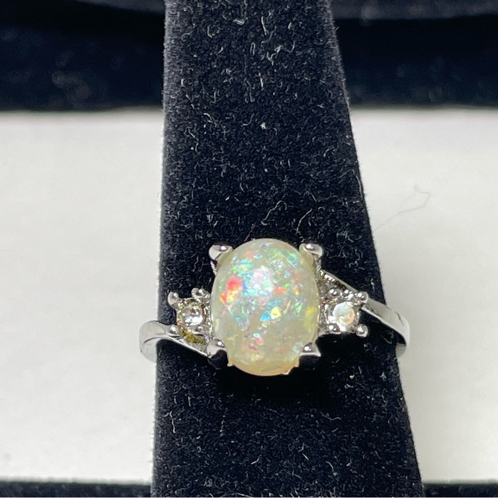 Elegant Silver Tone Faux Opal Ring Size 7.5